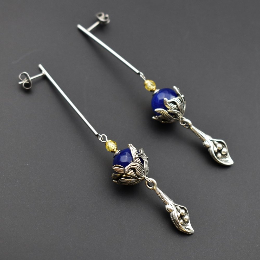 Long massive earrings silver tone, unusual floral dangles